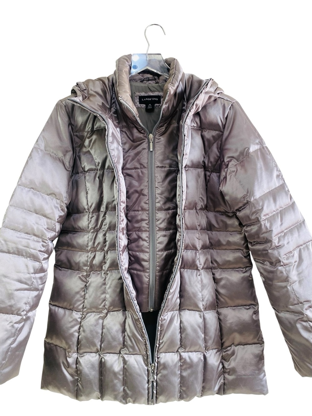 Lands’ End Metallic Pewter Quilted Down Puffer Jacket W/ Faux Vest Size 10-12/M